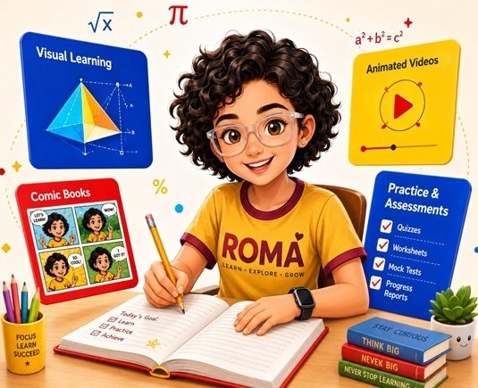 A child learning maths with comics, videos and practice